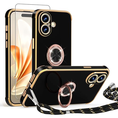 ScandiCasis Handykette Hülle für iPhone 16 Plus mit Band und Schutzfolie, Stoßfeste, Love Design Galvanik Silikon Case Bumper mit Kordel und Ring Ständer für iPhone 16 Plus, Schwarz von ScandiCasis