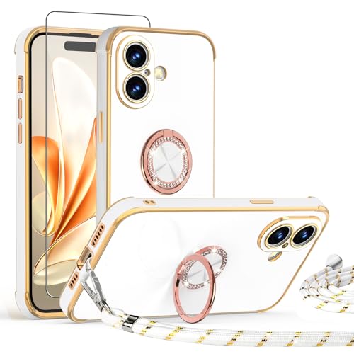 ScandiCasis Handykette Hülle für iPhone 16 Plus mit Band und Schutzfolie, Stoßfeste, Love Design Galvanik Silikon Case Bumper mit Kordel und Ring Ständer für iPhone 16 Plus, Weiß ScandiCasis Handykette Hülle für iPhone 16 Plus mit Band und Schutzfolie, Stoßfeste, Love Design Galvanik Silikon Case Bumper mit Kordel und Ring Ständer für iPhone 16 Plus, Weiß von ScandiCasis