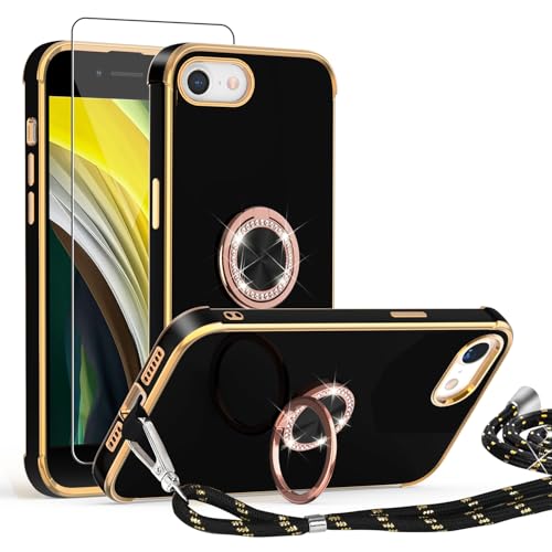 ScandiCasis Handykette Hülle für iPhone 7/8/SE 2020/SE 2022 mit Band und Schutzfolie, Stoßfeste, Love Design Galvanik Silikon Case Bumper mit Kordel und Ring Ständer,Schwarz ScandiCasis Handykette Hülle für iPhone 7/8/SE 2020/SE 2022 mit Band und Schutzfolie, Stoßfeste, Love Design Galvanik Silikon Case Bumper mit Kordel und Ring Ständer,Schwarz von ScandiCasis