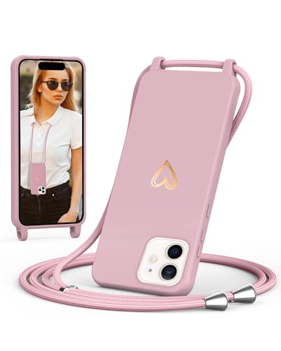 ScandiCasis Handykette für iPhone 12 Mini mit Band, Handyhülle mit Schnur zum Umhängen, Weiche TPU Silikonhülle mit Band [Verstellbar] [Abnehmbar], Love Design Halskettenhülle, Rosa von ScandiCasis