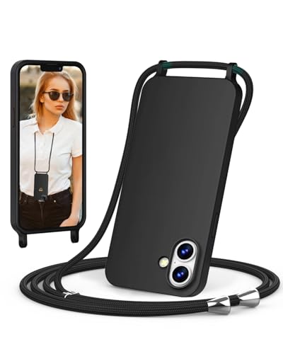 ScandiCasis Handykette für iPhone 16 Hülle mit Band, Handyhülle mit Schnur zum Umhängen, weiche TPU Silikonhülle mit Band [verstellbar] [abnehmbar] Halskettenhülle, Schwarz von ScandiCasis