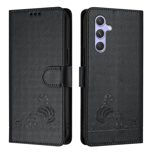 ScandiCasis für Samsung Galaxy A54 Klapphülle, Katzenmuster Lederhülle mit [1*Wallet] [RFID] [Handschlaufe] [Standfunktion], Magnet Klappbar Stoßfeste Handyhülle, Schwarz von ScandiCasis