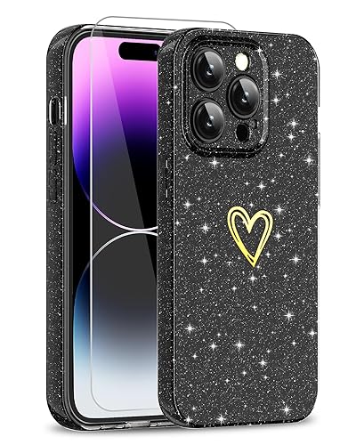 ScandiCasis iPhone 13 Pro Glitzer Hülle mit Schutzfolie, Niedliches Herz-Muster, Schützende Stoßfeste Weiche Schlanke Silikon-TPU-Handyhülle für Frauen und Mädchen. von ScandiCasis