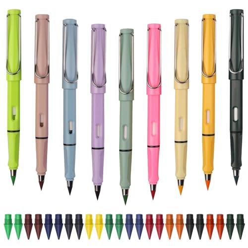 Scettar 9 Stück Farbige Ewiger Bleistift, Tintenlose Unendliche Bleistifte Ohne Anspitze mit 24 Austauschbarem, Ewiger Bleistift Wechselkopf Zum Schreiben und Zeichnen von Scettar