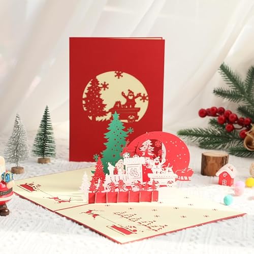 Schevem 3D Pop Up Weihnachtskarte X-Mas-Eisenbahn- Geschenkkarte Grußkarte Weihnachtsmannschlitten rot von Schevem
