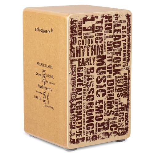 Schlagwerk CP85 Cajon Rudiments Styles Large - Cajon Instrument mit zwei Snare Teppichen 50 x 30 x 30 cm - Naturholz Birke mit stylischem Designaufdruck auf der Front - Made in Germany von Schlagwerk