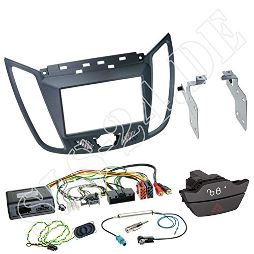 Autoradio Doppel-DIN Blende Radioblende dunkelgrau + Zenec CAN-Bus Lenkrad Radio Adapter Antennenadapter + Ford Ersatz Warnblinkschalter für Ford C-MAX (DXA) ab 12/10 Kuga (DM2 Facelift) ab03/2013 von Schlauer-Shop24