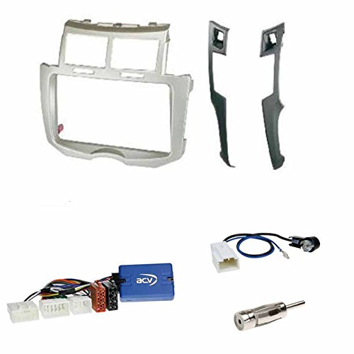 Einbauset : Autoradio Doppel-DIN 2-DIN Blende Einbaurahmen Radioblende Silber/schwarz + Multi Radio Adapter Lenkradfernbedienungsadapter + Antennenadapter für Toyota Yaris (XP9) 01/2007-10/2011 von Schlauer-Shop24