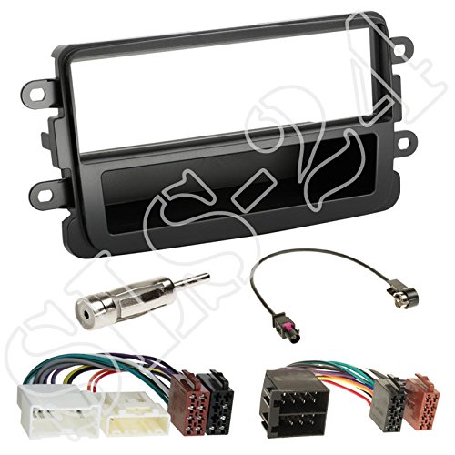 Einbauset : Autoradio Doppel-DIN 2-DIN Blende Einbaurahmen Radioblende mit Ablagefach schwarz + ISO Kabel KFZ Radio Adapter Radioadapter für Dacia Duster (SD) ab 04/2010 von Schlauer-Shop24