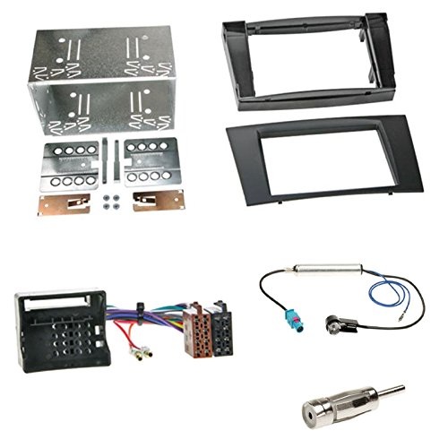 Einbauset : Autoradio Doppel-DIN 2-DIN Blende Einbaurahmen Radioblende schwarz + ISO Radio Adapter Kabel Adapterkabel + Antennenadapter für Mercedes E-Klasse (W211) Limousine 03/2002 - 2009 von Schlauer-Shop24