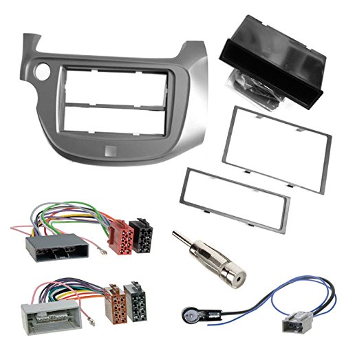 Einbauset : Autoradio Doppel-DIN 2-DIN Radioblende Radio Blende Halterung Silbergrau + ISO Radioanschlusskabel Radio Adapter + Antennenadapter für Honda Jazz ab 2008 von Schlauer-Shop24