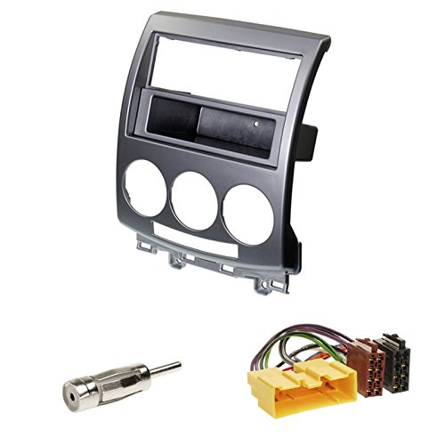 Einbauset : Autoradio Doppel-DIN Blende / 2-DIN Radioblende mit Ablagefach Silber + ISO - Adapter • Antennenadapter ISO -> DIN für Mazda 5 Baujahr 2006-2012 von Schlauer-Shop24