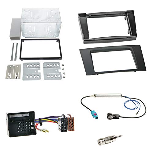 Einbauset : Autoradio Doppel-Din 2-Din Blende Einbaurahmen Radioblende schwarz + ISO Radio Adapter Kabel Adapterkabel + Antennenadapter für Mercedes E-Klasse (W211) Limousine 03/2002-2009 von Schlauer-Shop24