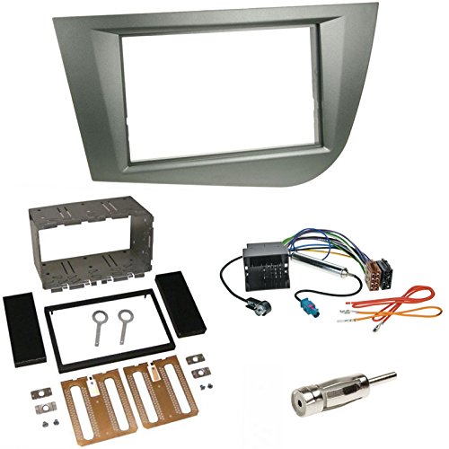 Einbauset: Autoradio Doppel 2-DIN Blende Radioblende grau anthrazit + Quadlock ISO Radio Adapter Adapterkabel mit Fakra + Antenne kompatibel mit Seat Leon (1P/1PN) 09/2005–2010 von Schlauer-Shop24