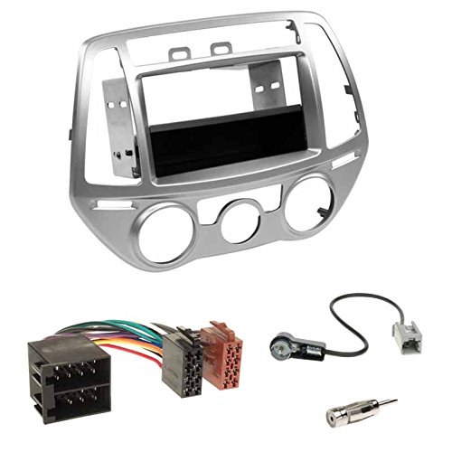Einbauset: Autoradio Doppel 2-DIN Radioblende Radio Blende Halterung + Fach Silber + Radioadapter KFZ Adapter + Antennenadapter geeignet für Hyundai i20 (PB Facelift) 07/2012-11/2014 von Schlauer-Shop24