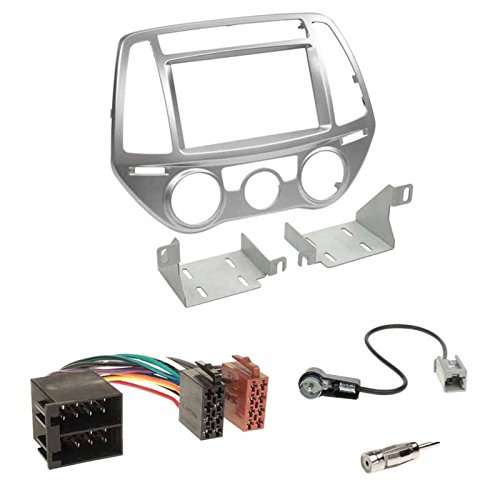 Einbauset: Autoradio Doppel 2-DIN Radioblende Radio Blende Halterung Silber + ISO Radioanschlusskabel Radio KFZ Adapter + Antennenadapter geeignet für Hyundai i20 (PB Facelift) 07/2012-11/2014 von Schlauer-Shop24
