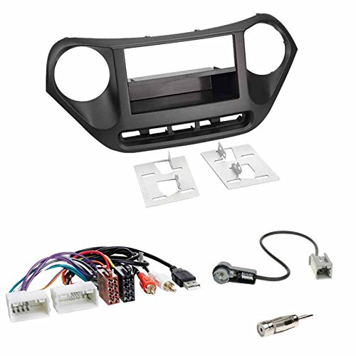 Einbauset: Autoradio Doppel-DIN 2-DIN Radioblende Radio Blende + Fach schwarz + ISO Radioanschlusskabel Adapter mit AUX-Eingang und USB Anschluss + Antennenadapter für Hyundai i10 (IA) ab 11/2013 von Schlauer-Shop24