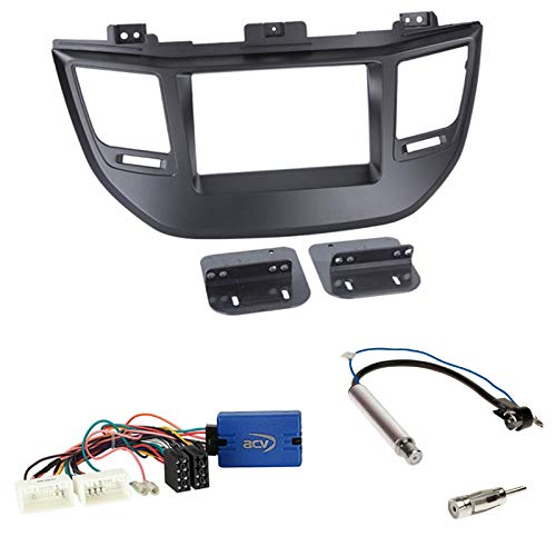 Einbauset: Autoradio Doppel-DIN 2-DIN Radioblende Radio Blende Halterung schwarz + JVC Lenkrad Adapter + Antennenadapter für Hyundai Tucson TL ab 07/2015 von Schlauer-Shop24
