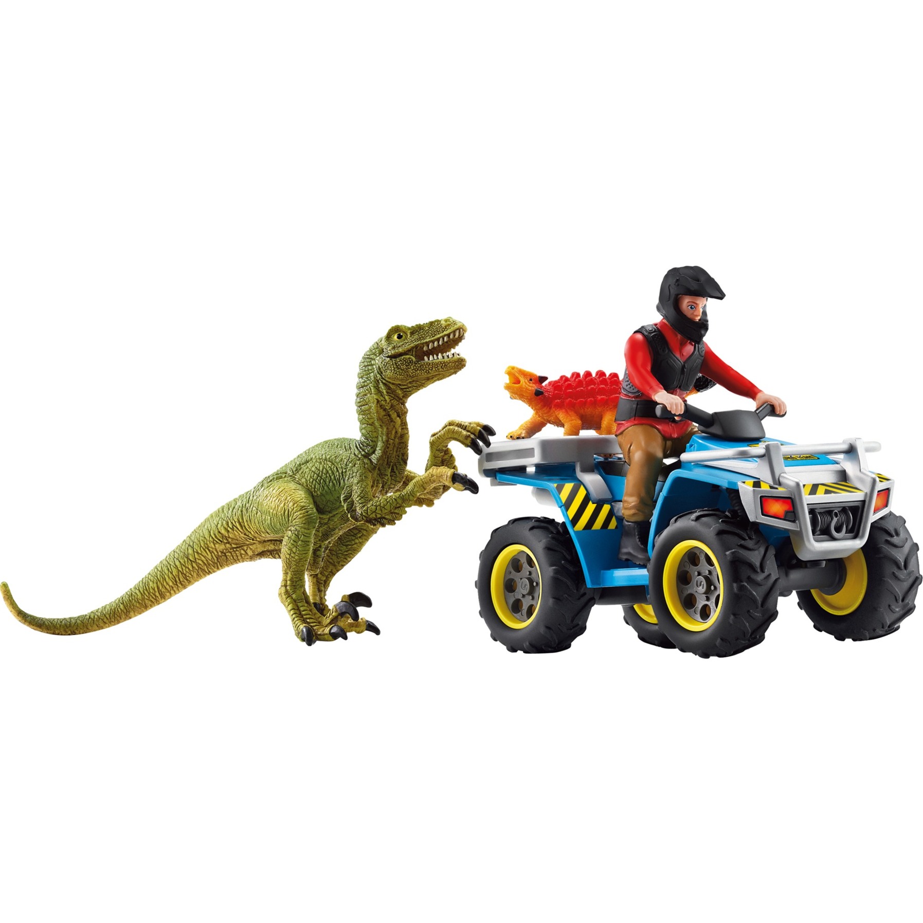 Dinosaurs Flucht auf Quad vor Velociraptor, Spielfigur von Schleich