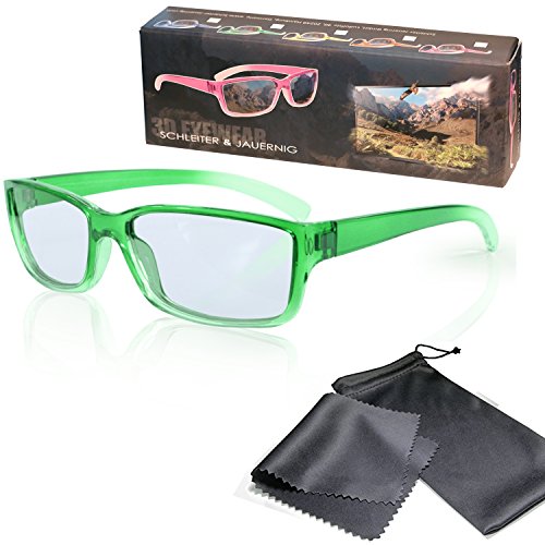 SJ3D Passive 3D Brille für Kinder – Grün / Transparent - Polfilterbrille zirkular polarisiert - Für RealD 3D Kino & TV: LG Cinema 3D Philips Easy 3D Telefunken Toshiba 3D Natural Vizio 3D und 3DTVs von SONY Grundig Panasonic Hisense CMX uvm. - Inkl. Mikrofaser Brillenbeutel und Putztuch von Schleiter & Jauernig