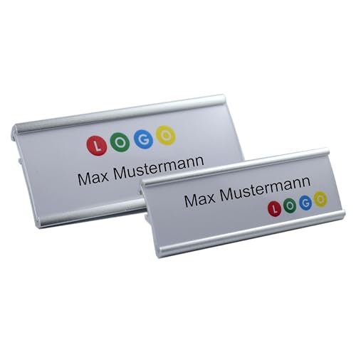 1 Stück Aluminium Namensschild silberfarbig eloxiert aus Metall, Größe 65x22 mm oder 72x32 mm, Nadel / Clipbefestigung, Name Badge, Namensschild für Kleidung, selbstbeschriftbar (65 x 22 mm) von Schmalz®