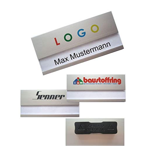 10 Stück Aluminium Namensschilder mit Magnet, individuellem Logodruck, Farbdruck mit Ihrem Logo, Magnetbefestigung, Name Badge, Namensschild für Kleidung, selbstbeschriftbar, mit Ihrem Logo, Namensschildchen mit Magnet silber Leichtmetall eloxiert von Schmalz®