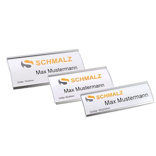 10 Stück Namensschilder Komplettset, Silber Metall, mit extra starkem Magnet, modisch gewölbt, transparente Schutzabdeckung,Name Badg Namensschilder für Kleidung, selbstbeschriftbar(65 x 20 mm) von Schmalz®