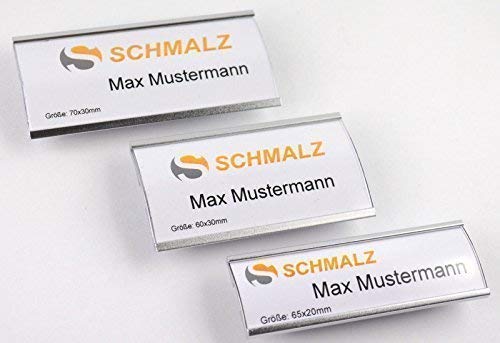 100 Stück Namensschilder Silber Leichtemtall mit extra starkem 3-fach Magnet, gewölbt, Aluminium eloxiert, transparente Schutzabdeckung, Name Badge für Kleidung, selbstbeschriftbar (65 x 20 mm) von Schmalz®