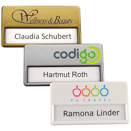 5 Stück Kunststoff Namensschilder mit Magnet, individuellem Logodruck, Farbdruck mit Ihrem Logo, Magnetbefestigung, Name Badge, Namensschild für Kleidung, selbstbeschriftbar (silber) von Schmalz®