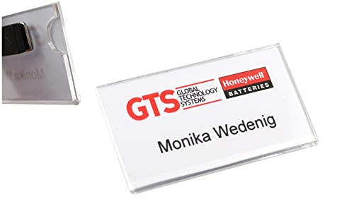 50 STÜCK Namensschild mit Magnet transparent aus ACRYL GLAS-Namensschild, glasklar, 2 mm stark mit Daumenaussparung für Kleidung, selbstbeschriftbar (75x40 mm) von Schmalz®