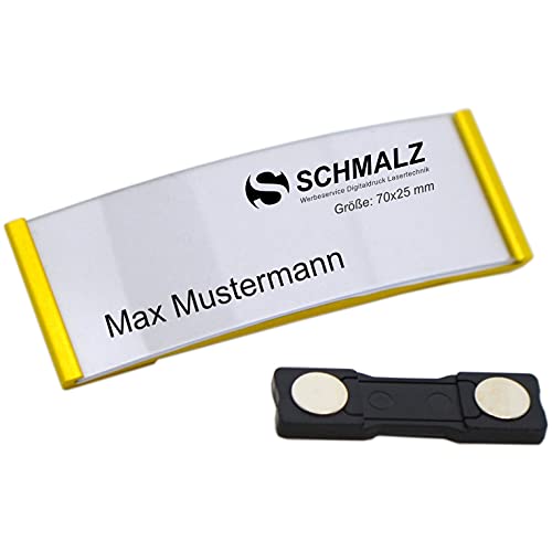 Schmalz® 10 STÜCK edles Aluminium Namensschilder mit starkem Magnet Doppelmagnet silber eloxiert professionelle Qualität, modisch gewölbt ca. 70x25mm mit Papiereinschub (gold) von Schmalz®