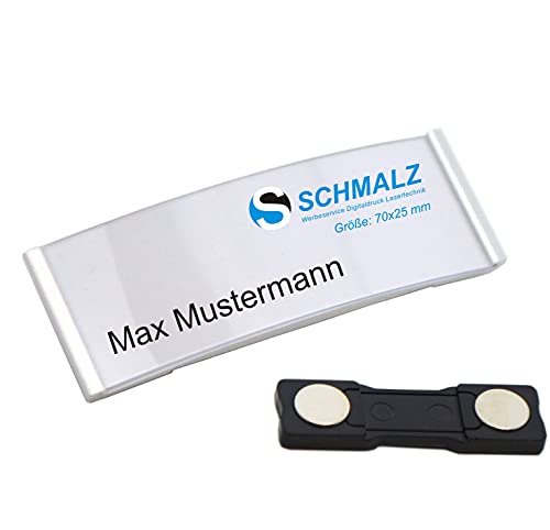 Schmalz® 10 STÜCK edles Aluminium Namensschilder mit starkem Magnet Doppelmagnet silber eloxiert professionelle Qualität, modisch gewölbt ca. 70x25mm mit Papiereinschub (silber) von Schmalz®