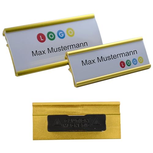 Schmalz® 100 Stück Aluminium Namensschild goldfarbig eloxiert aus Metall, mit Magnet Magnetbefestigung, Name Badge, Namensschild für Kleidung, selbstbeschriftbar (65 x 22 mm) von Schmalz®