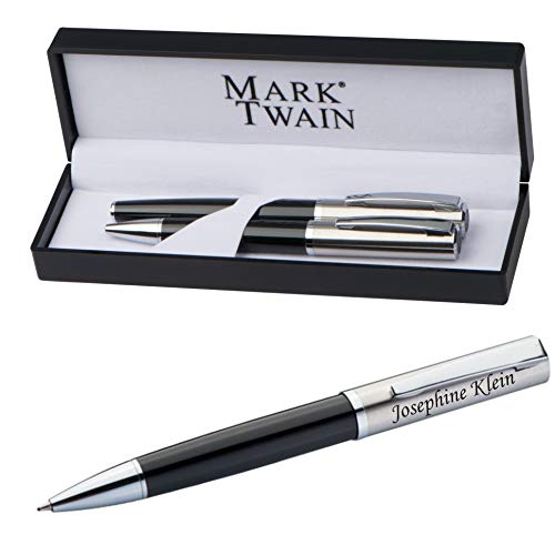 Schreibset MARK®TWAIN Drehkugelschreiber und Rollerball aus Metall mit Gravur schwarzes Design und Geschenkbox Blaue Mine zum Geburtstag 10759 von Schmalz®