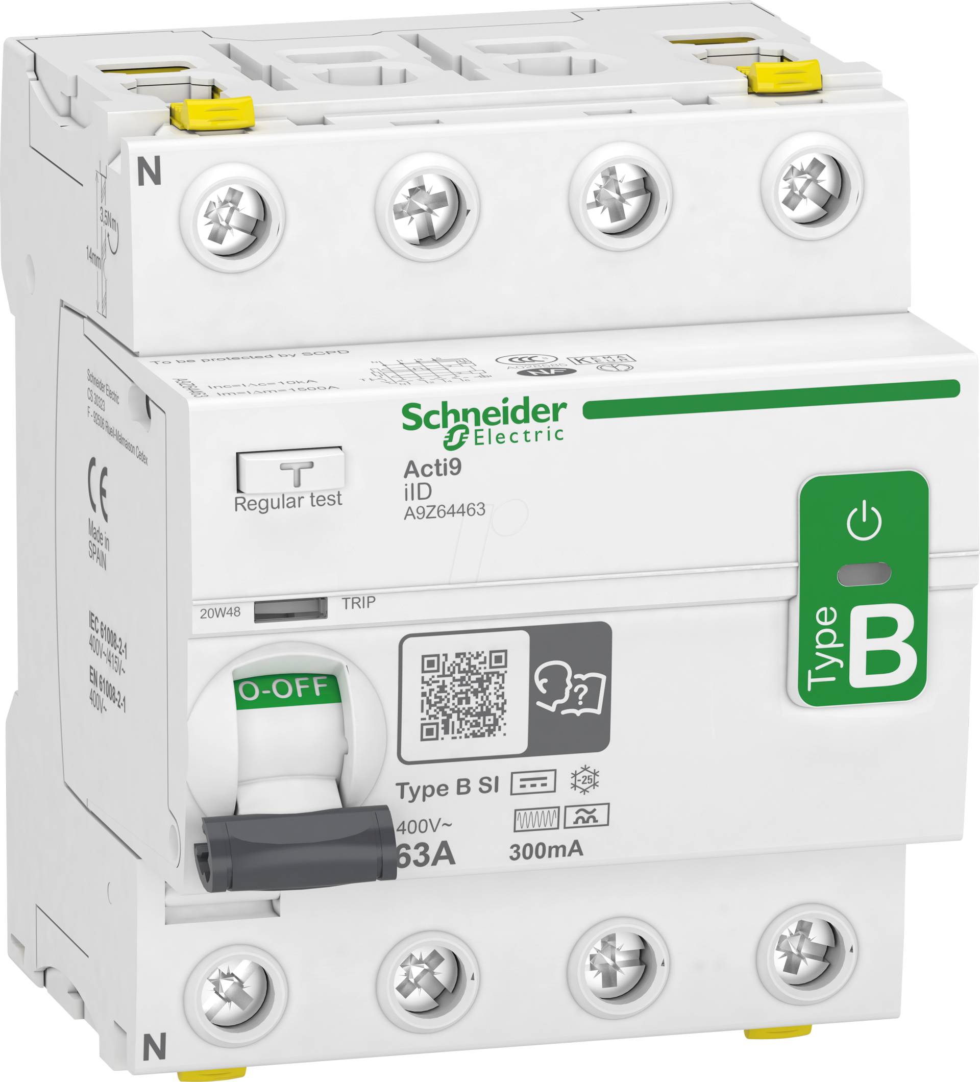 A9Z64463 - FI-Schutzschalter Allstromsensitiv, 4P, 63A, FI Typ B-SI, 300mA von Schneider Electric