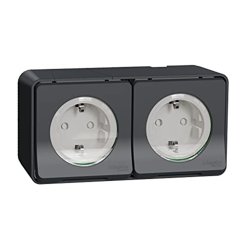 Schneider Electric Mureva Styl MUR36029 – Double PC 2P+T Schuko vorverdrahtet – Aufputz, IP55 IK08 – Grau DBLE PC 2P+T All Grey S. von Schneider Electric