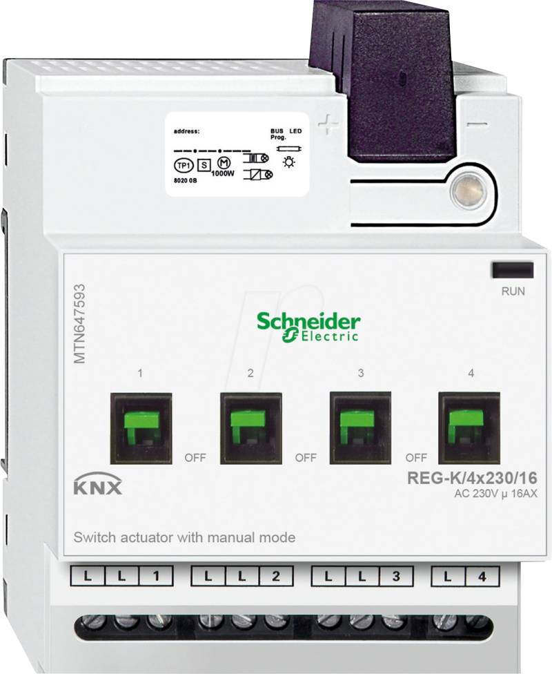 SE MTN647593 - Schaltaktor REG-K/4x230/16 mit Handbetätigung, lichtgrau von Schneider Electric