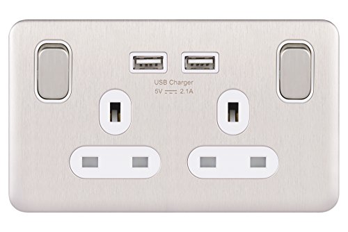 Schneider Electric Lisse-Abdeckung, schraubenlos, Deko, geschaltete Doppelsteckdose, einpolig, mit USB-Ladeanschlüssen, 13 A, GGBL30202USBAWSSS, Edelstahl mit weißem Einsatz Schneider Electric Lisse-Abdeckung, schraubenlos, Deko, geschaltete Doppelsteckdose, einpolig, mit USB-Ladeanschlüssen, 13 A, GGBL30202USBAWSSS, Edelstahl mit weißem Einsatz von Schneider Electric