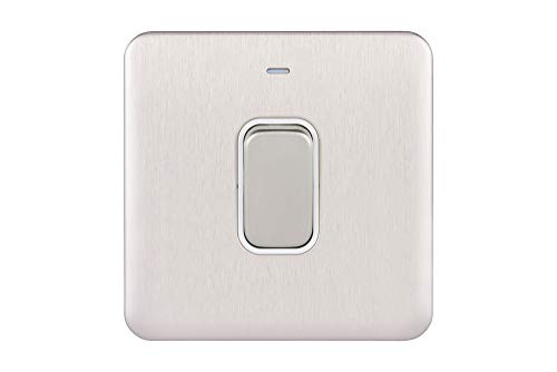 Schneider Electric Lisse Screwless Deco GGBL4011WSS Einzelner Lichtschalter, doppelpolig, mit Neonanzeige, 50 A, Edelstahl mit weißem Einsatz von Schneider Electric