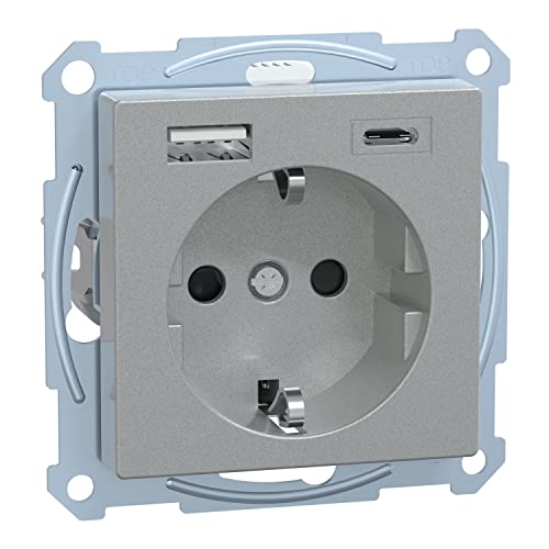 Schneider Electric Merten System M Steckdose mit USB Anschluss Typ A+C, Schuko USB Steckdose Unterputz, Schutzkontaktsteckdose, geeigent für Smartphone und Tablet, Aluminium, MEG2367-0460 von Schneider Electric