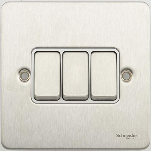 Schneider Electric Ultimate Flat Plate - 3-Gang-Wipp-Lichtschalter, 2-Wege-Lichtschalter, einpolig, 16AX, GU1232WSS, Edelstahl mit weißem Einsatz von Schneider Electric