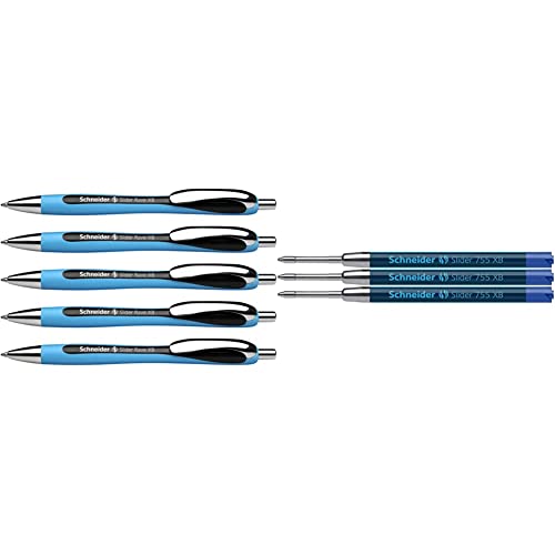Schneider 132501 Slider Rave XB Kugelschreiber 5 Stück, schwarz & 77347 Slider 755 Kugelschreibermine (ViscoGlide-Technologie, dokumentenecht, XBExtrabreit) 3er Blisterkarte, blau von Schneider