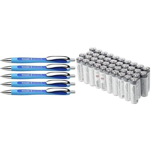 Schneider 132503 Slider Rave XB Kugelschreiber (Strichstärke: XB, dokumentenechte Mine, Made in Germany) 5 Stück, Schreibfarbe: blau & Amazon Basics AA Industrie Alkalibatterien, 40 Stück von Schneider
