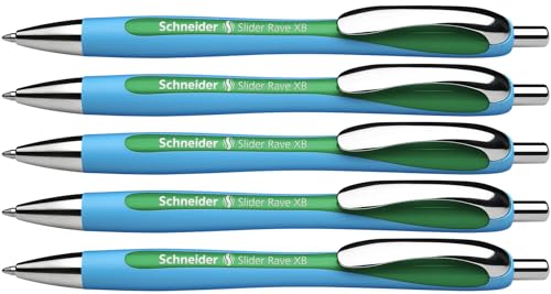 Schneider 132504 Slider Rave XB Kugelschreiber (Strichstärke: XB, dokumentenechte Mine, Made in Germany) 5 Stück, Schreibfarbe: grün von Schneider