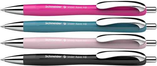 Schneider 132564 Slider Rave XB Kugelschreiber (Limitierte Sonderedition, je 1x schwarz, power pink, teal, pearl, Made in Germany) 4 Stück, Schreibfarbe: blau von Schneider