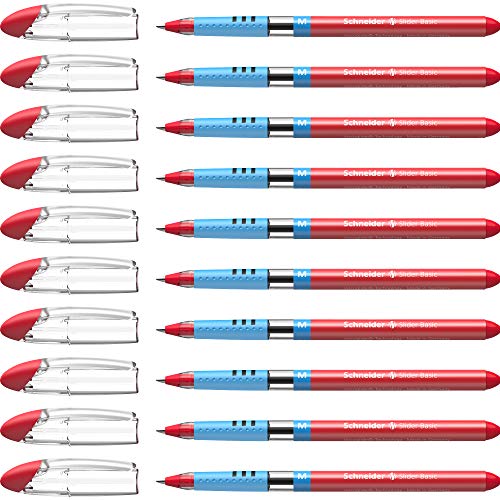 Schneider 151102 Slider Basic Kugelschreiber (Kappenmodell mit Soft-Grip-Zone und der Strichstärke M) 10er Packung, rot von Schneider