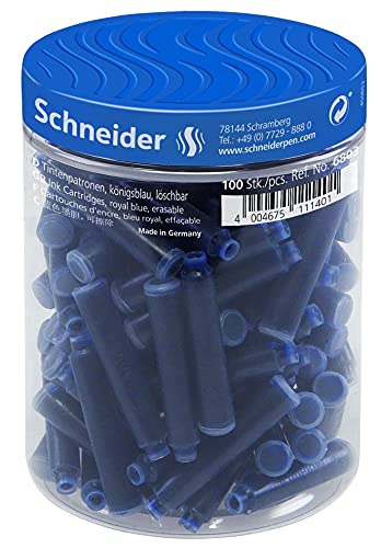 Schneider 6803 Tintenpatronen (Standard Patronen für Füller, löschbar) königsblau, 100 Stück von Schneider