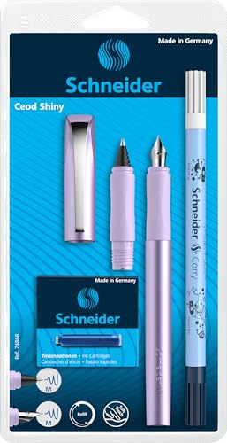 Schneider 74868 Ceod Shiny Schreibset mit Füller, Tintenroller, Tintenkiller (Rechts- und Linkshänder, M-Feder, inkl. Tintenpatronen königsblau) lilac von Schneider