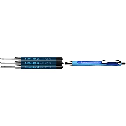 Schneider 77345 Slider 755 Kugelschreibermine (ViscoGlide-Technologie, dokumentenecht, XBExtrabreit) 3er Blisterkarte, schwarz & 132503 Slider Rave XB Kugelschreiber blau, 1 Stück von Schneider