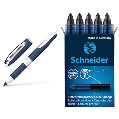 Schneider 78373 One Change Tintenroller (Ultra-Smooth-Spitze, Strichstärke 0,6 mm) blau, 1 Stück & 185401 Rollerpatrone One Change (für Tintenroller One Change, 1x 5 Stück, dokumentenecht) schwarz von Schneider